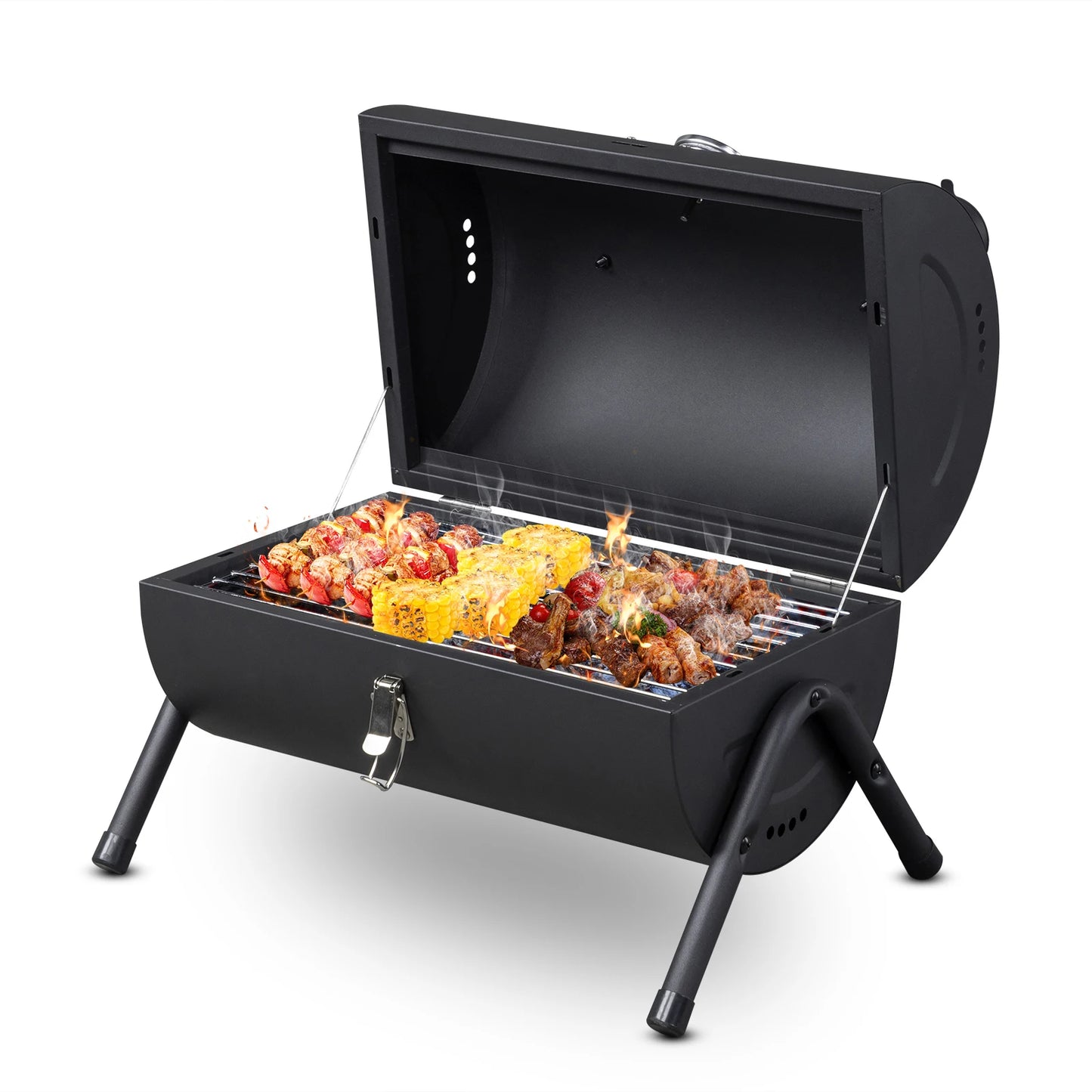 Portable Charcoal Grill With Thermometer And Wooden Handle