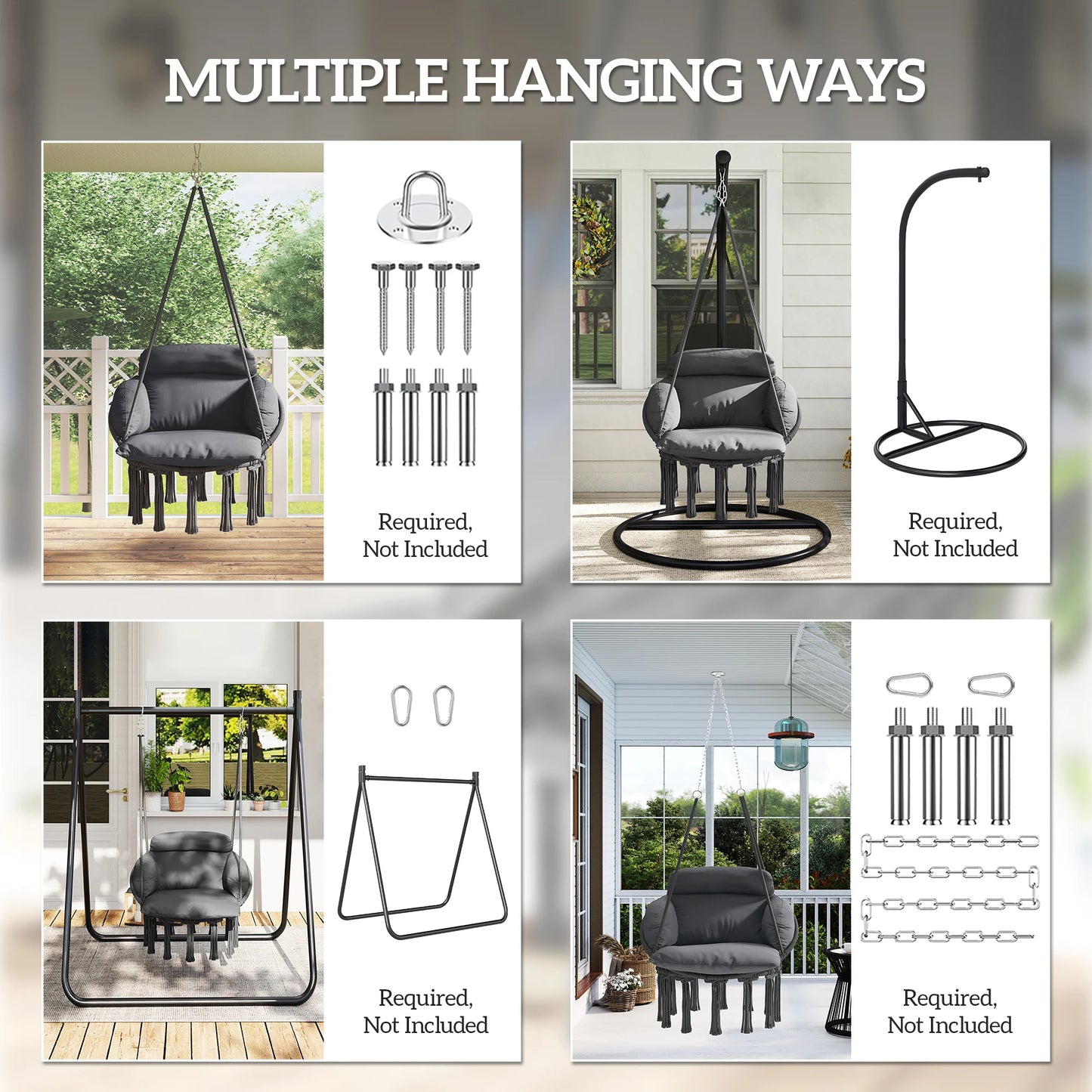 Hanging Hammock Chair with Cushion, Macrame Swing Chair, Dark Gray