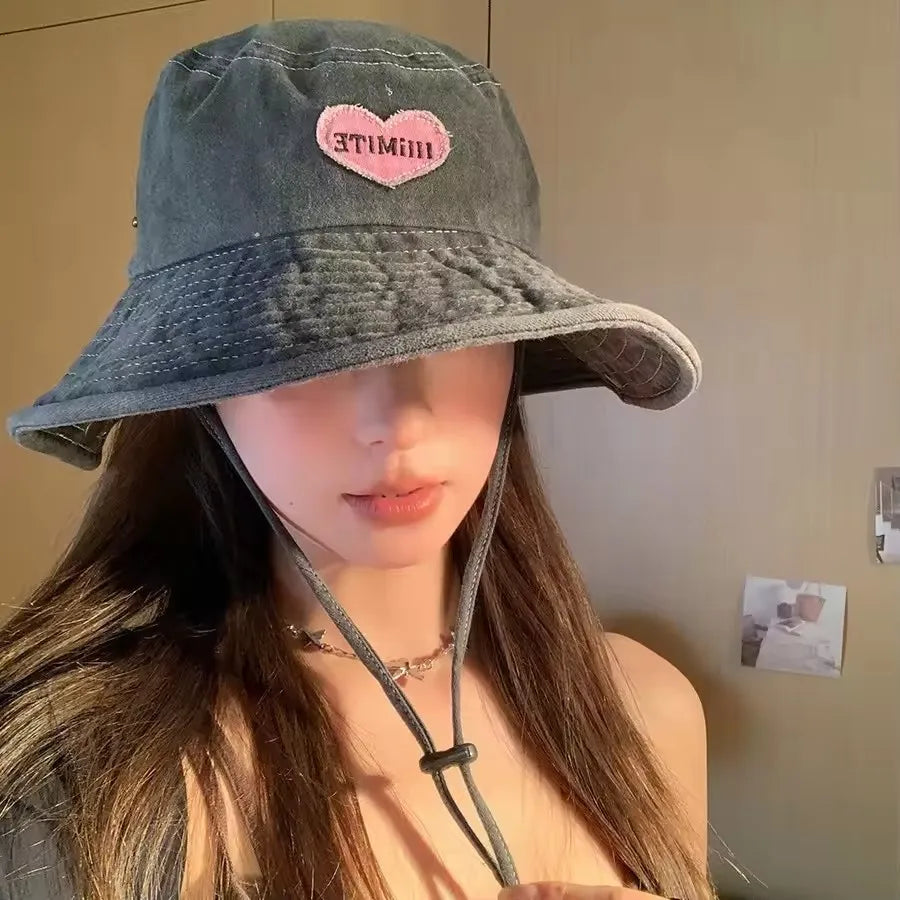 Japanese Retro Washed Cowboy Hats for Women Spring and Summer Outdoor Camping Sun Protection Sweet Pink Love Bucket Caps