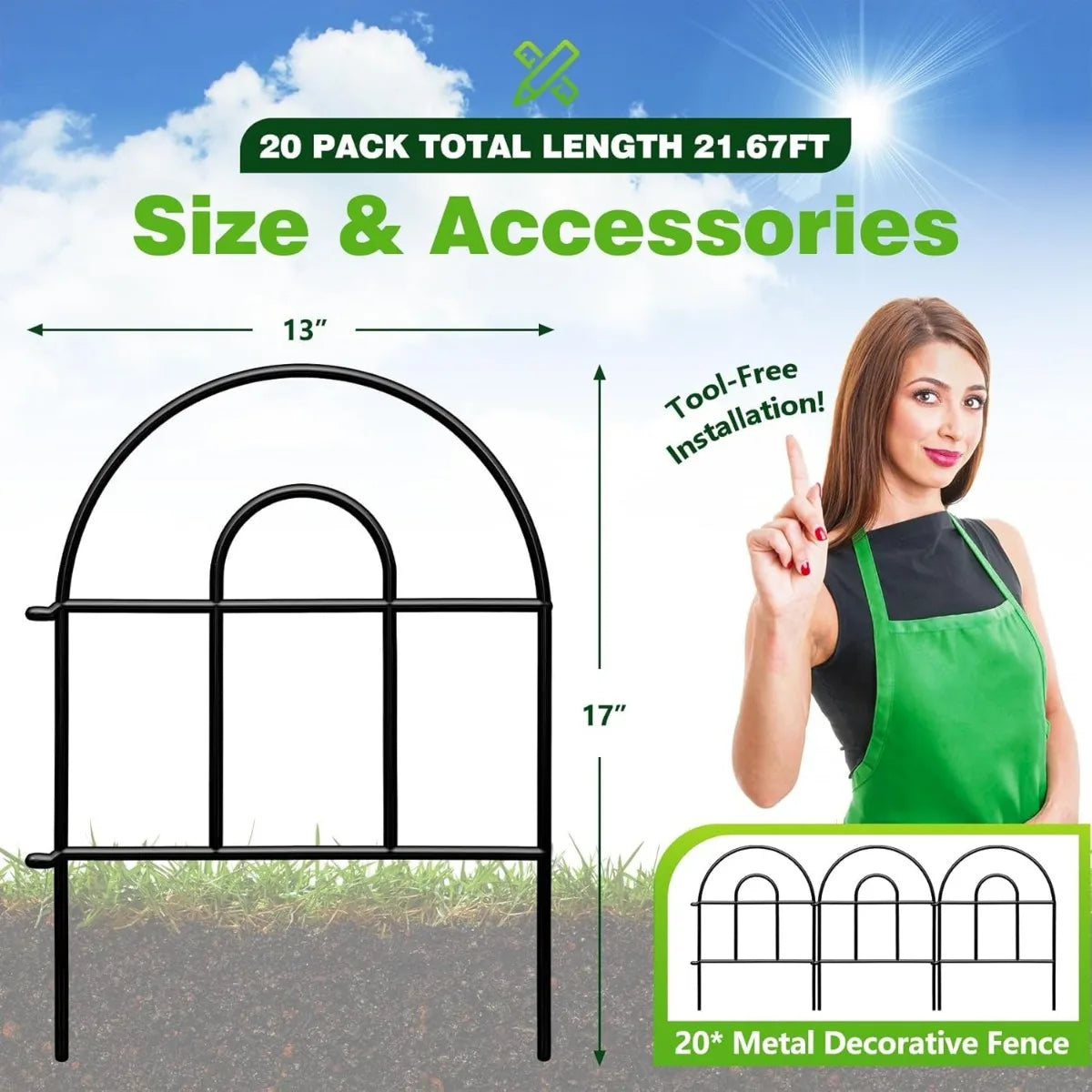 Decorative 22ft x 17in Black Metal Garden Fence 20 Panels Classic Style Animal Barrier Border