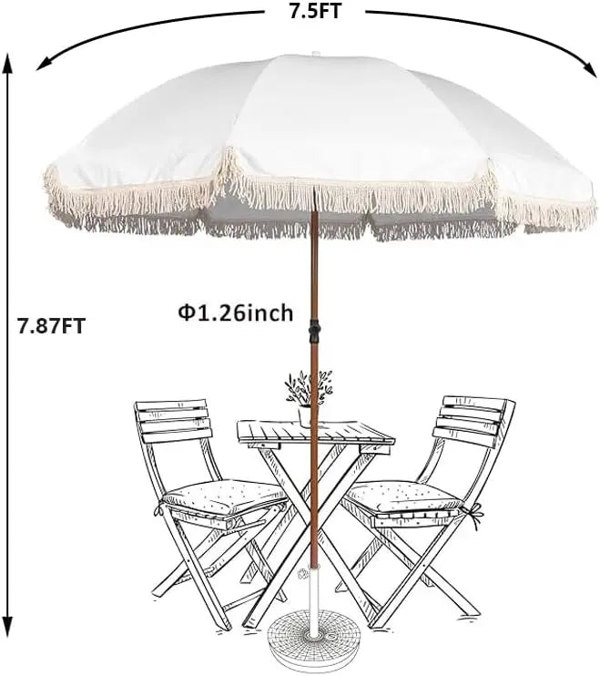 7.5Ft Patio Beach Umbrella with Fringe & Tassel, UPF50+ Push Button Tilt & Crank, for Garden, Lawn, Deck, Yard & Pool