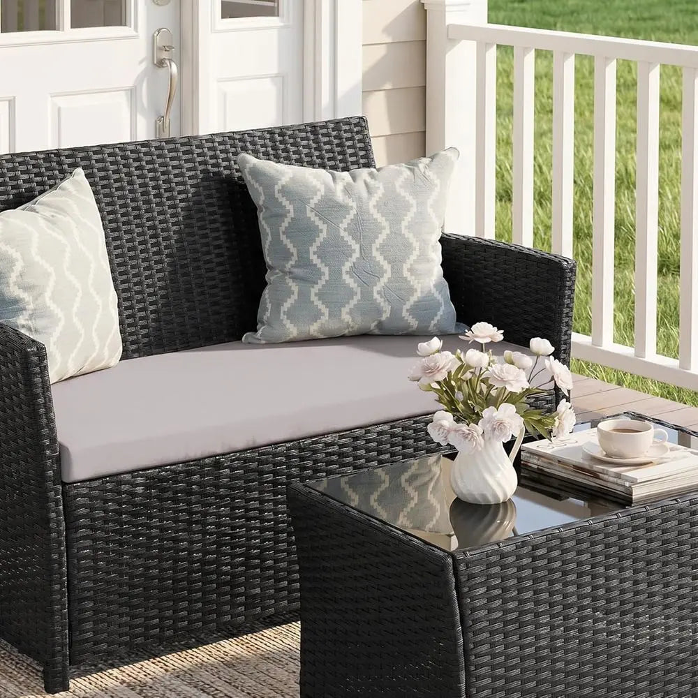 4-Piece Outdoor Patio Furniture Set, Sectional Wicker Sofa with Rattan Couch for Balcony, Porch, and Backyard (Black-Light-Grey)