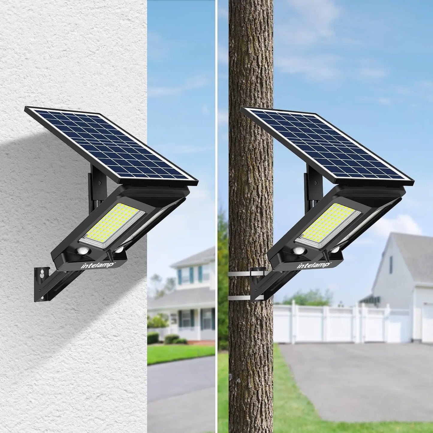 Intelamp 12500 mAh 3000 lm Outdoor Solar Street Lights Larger solar panel Two Motion sensors for garden Courtyard Walk Garage
