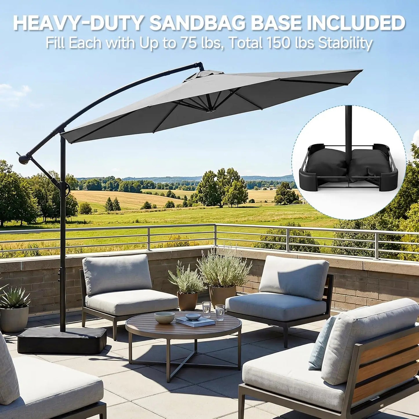 10 Foot Cantilever Patio Umbrella With Base, Outdoor Large Offset Sunshade Canopy With 360 Degree Rotation, Heavy Duty Crank Handle Hanging Market Umbrella For Deck Pool Backyard, Gray