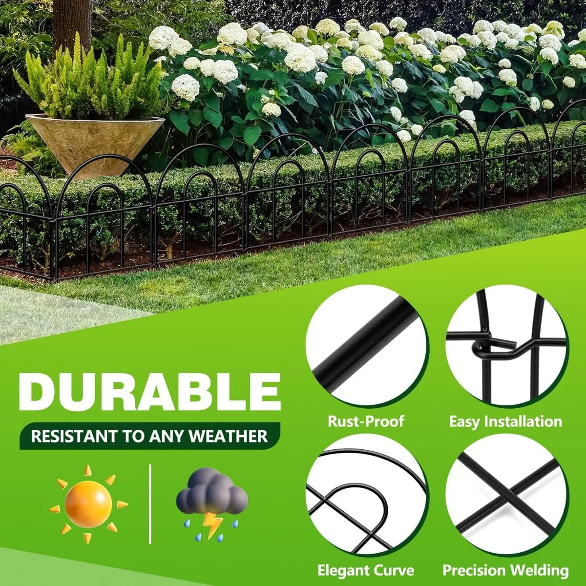 Decorative 22ft x 17in Black Metal Garden Fence 20 Panels Classic Style Animal Barrier Border