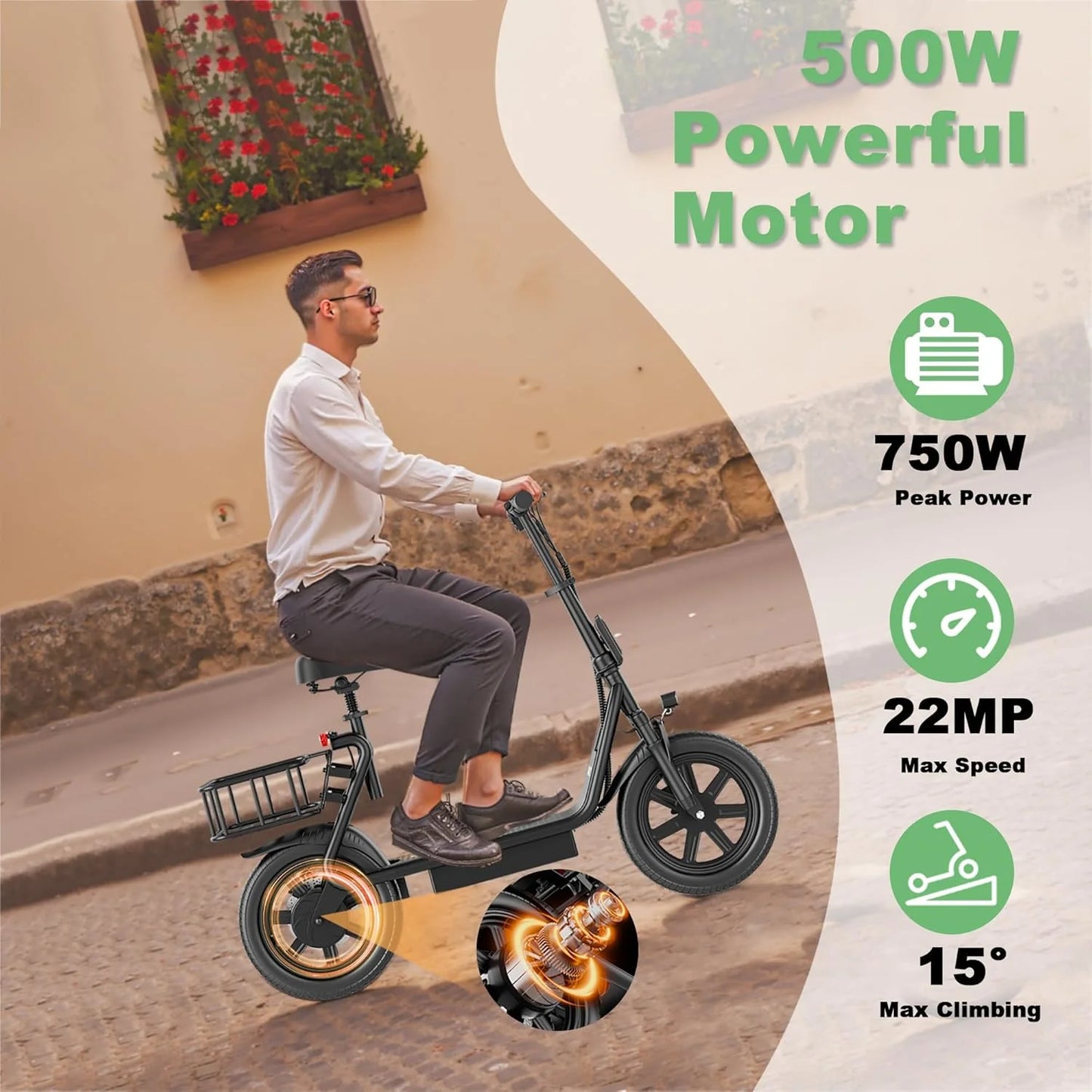 2026 New14inch Electric Bicycle 10.4AH Battery 28Miles Max Range 22MPH Max Speed Shock Absorption Foldable Adult Ebike