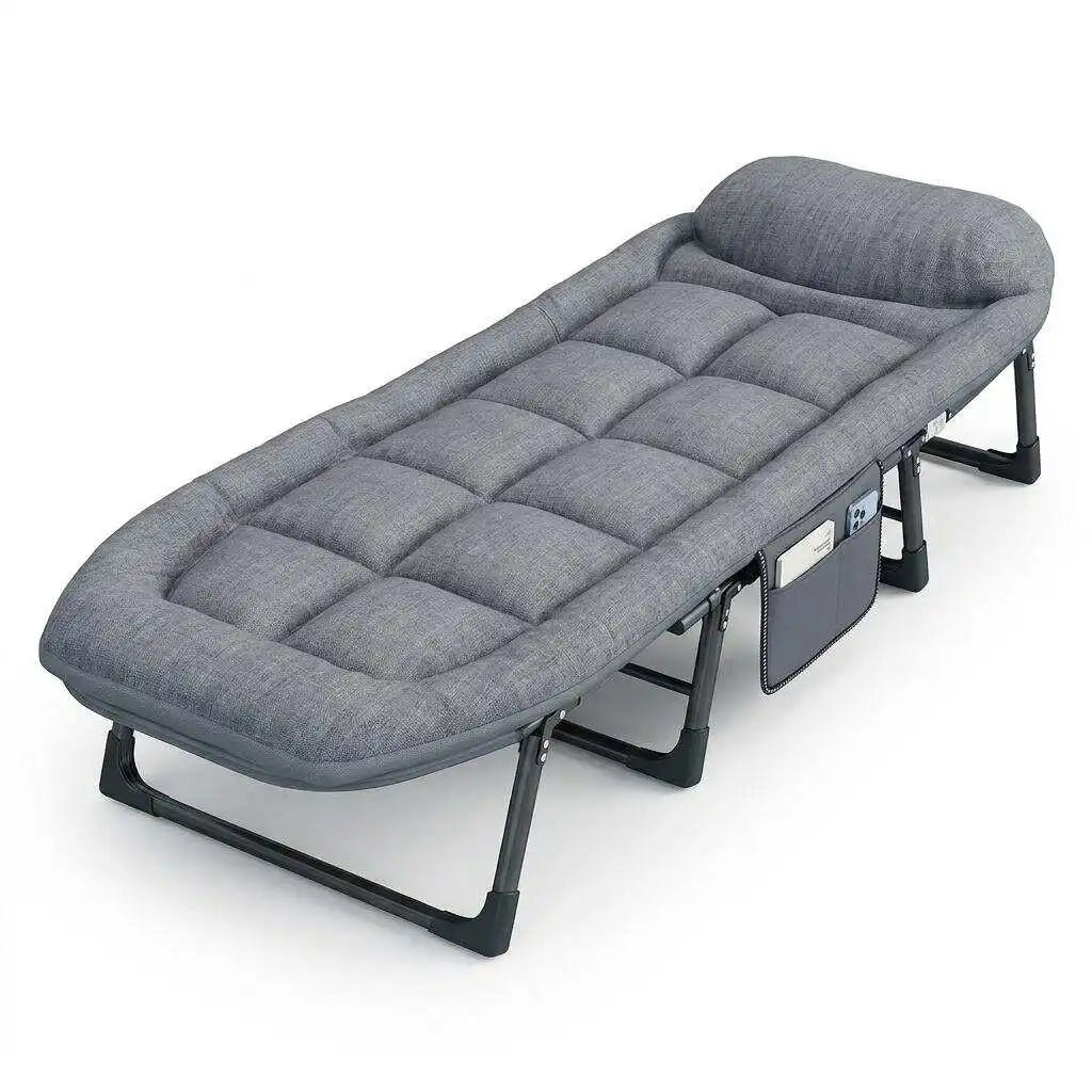 Portable Folding Bed 6-Position Adjustable Camping Cot with Soft Padded Mattress Heavy Duty Steel Frame Office Nap Recliner Single Guest Sleeping Bed Space-Saving Lounger for Outdoor Travel