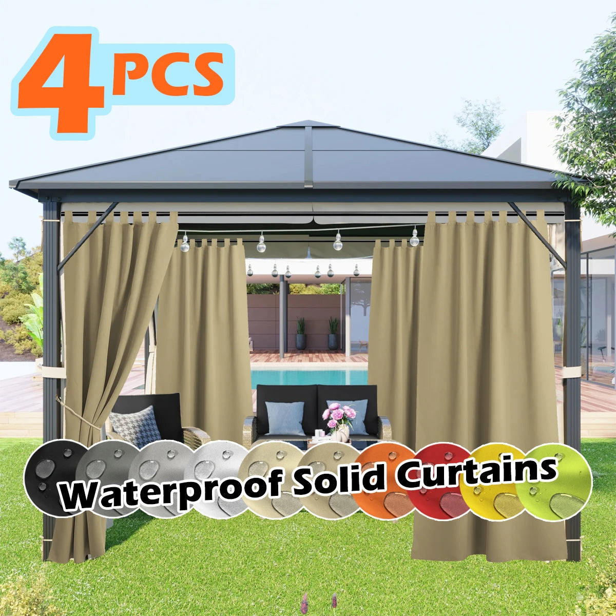 4 Panels Outdoor Curtains, Waterproof & UV-Resistant Tab Top Design for Porch, Pergola, Cabana, Gazebo Decor