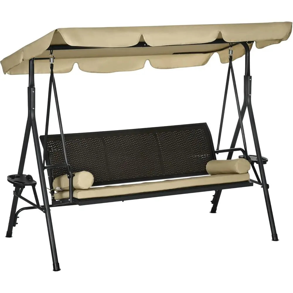 3-Seat Outdoor Swing Chair with Adjustable Shade, Removable Cushion, and Rattan Seat for Garden, Porch, Backyard, and Poolside