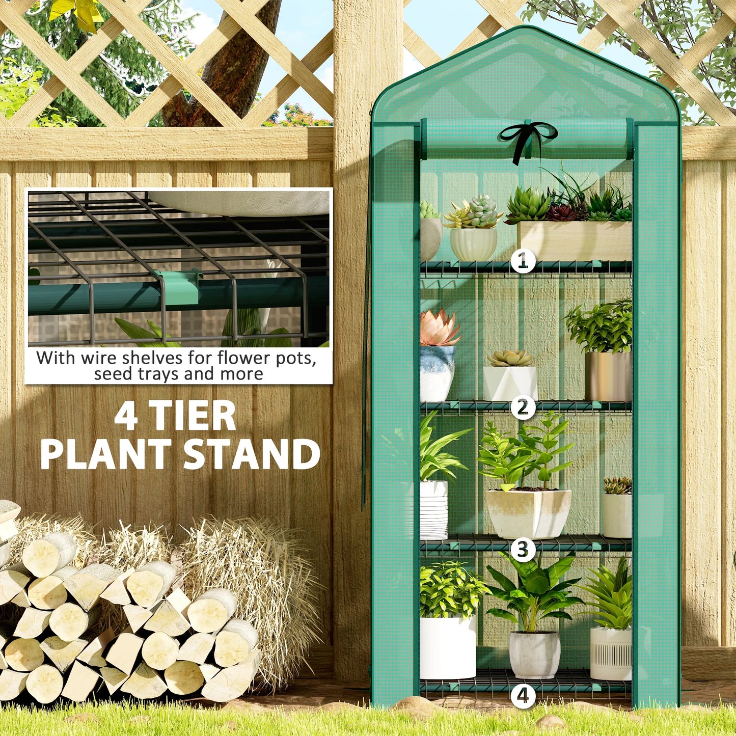 4 Tier Mini Greenhouse w/ Screen Roof, Reinforced PE Cover, Green