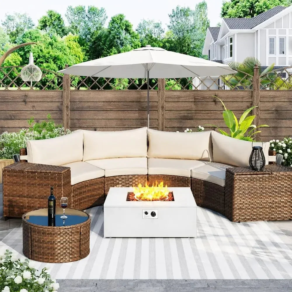 Half Moon Curved 8-Piece Patio Furniture Set With Fire Pit