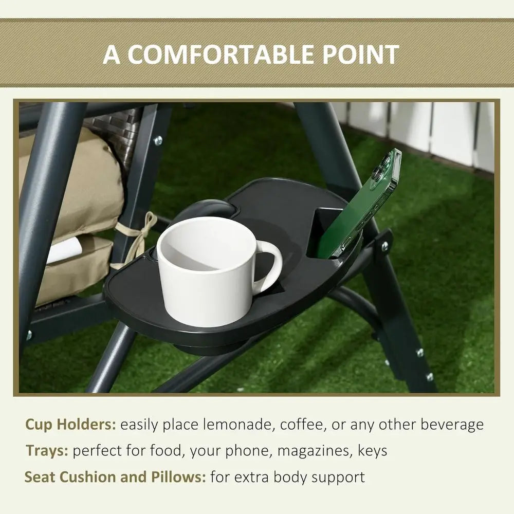 3-Seat Outdoor Swing Chair with Adjustable Shade, Removable Cushion, and Rattan Seat for Garden, Porch, Backyard, and Poolside