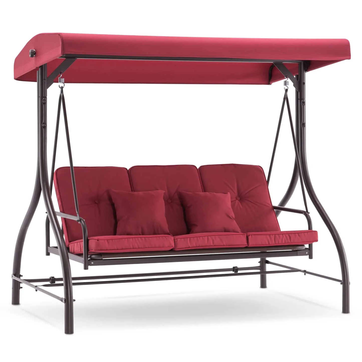 Burgundy 3-Seater Outdoor Swing With Detachable Cushions, Adjustable Canopy, And Convertible Glider Design For Patio Deck Garden