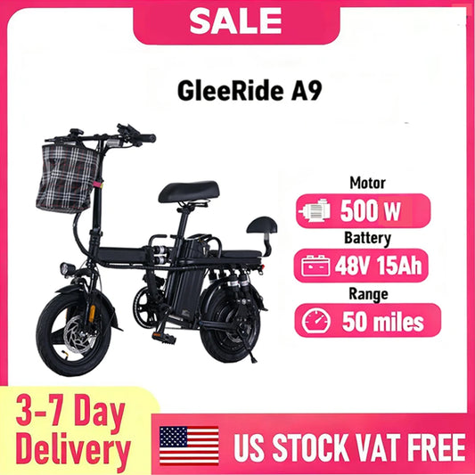 GLEERIDE 14" Mini Folding A9 Electric Bike 750W Peak Motor 48V 15Ah Battery