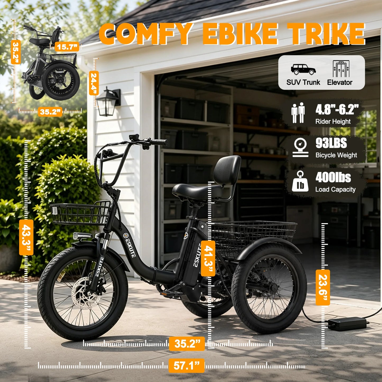ESKUTE T300 E Trike Electric Bike, Peak 1200W Brushless Motor Folding Trike 18X3.0 Fat Tire Ebike, 624Wh Removable Battery, Step-Thru 3 Wheel Electric Bicycle, Up to 65 Miles, 18MPH+ Tricycle for Adults