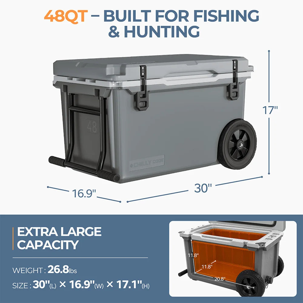 ChillyCode Khaki Grey Ultra Light Hard Cooler, 48QT Refrigerator 7-Day Cooling Leak Proof and Heavy-duty With All Terrain Wheels Suitable For Camping Beach Fishing Boat and Outdoor