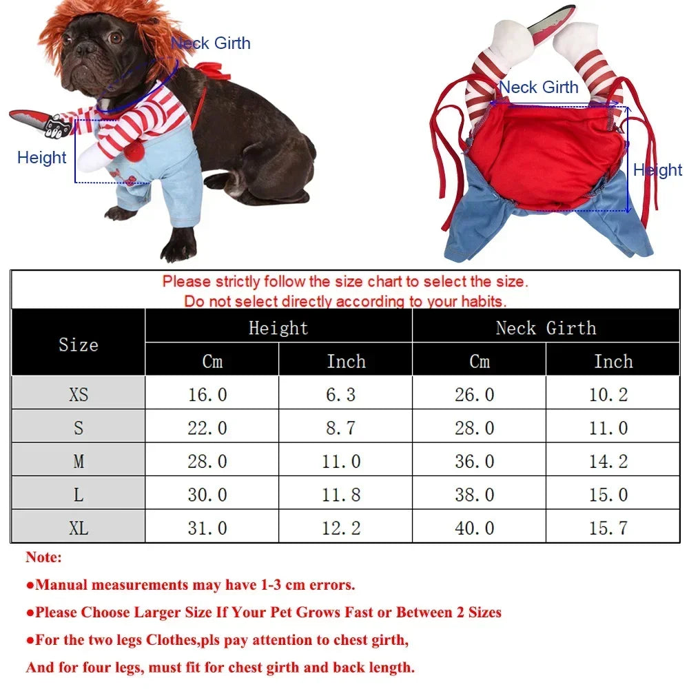 In Stock Halloween Chucky Doll Pet Costume, Funny 3D Upright Dog Cat Outfit, Cosplay Party Clothes for Small Medium Puppy Kitten
