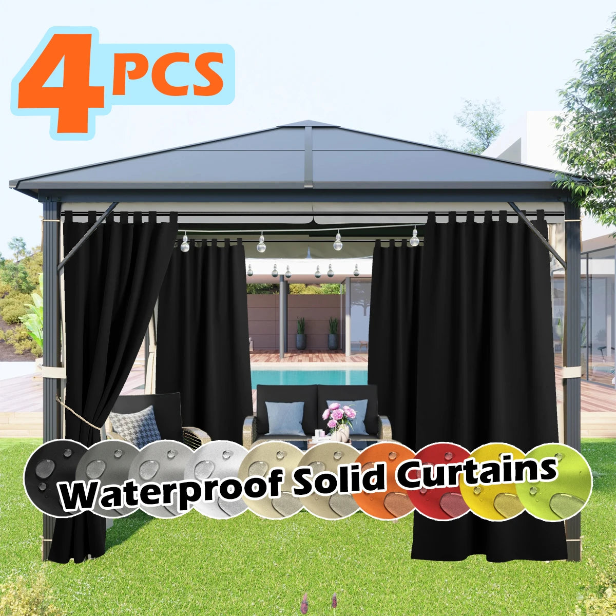 4 Panels Outdoor Curtains, Waterproof & UV-Resistant Tab Top Design for Porch, Pergola, Cabana, Gazebo Decor