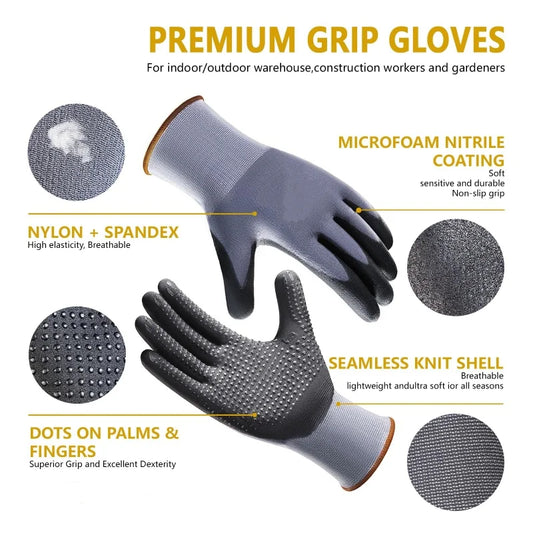 6PCS Work Gloves MicroFoam Nitrile Coated Durable Seamless Knit Safety & Work Gloves with Dot Grip for Men Mechanic Auto Garden