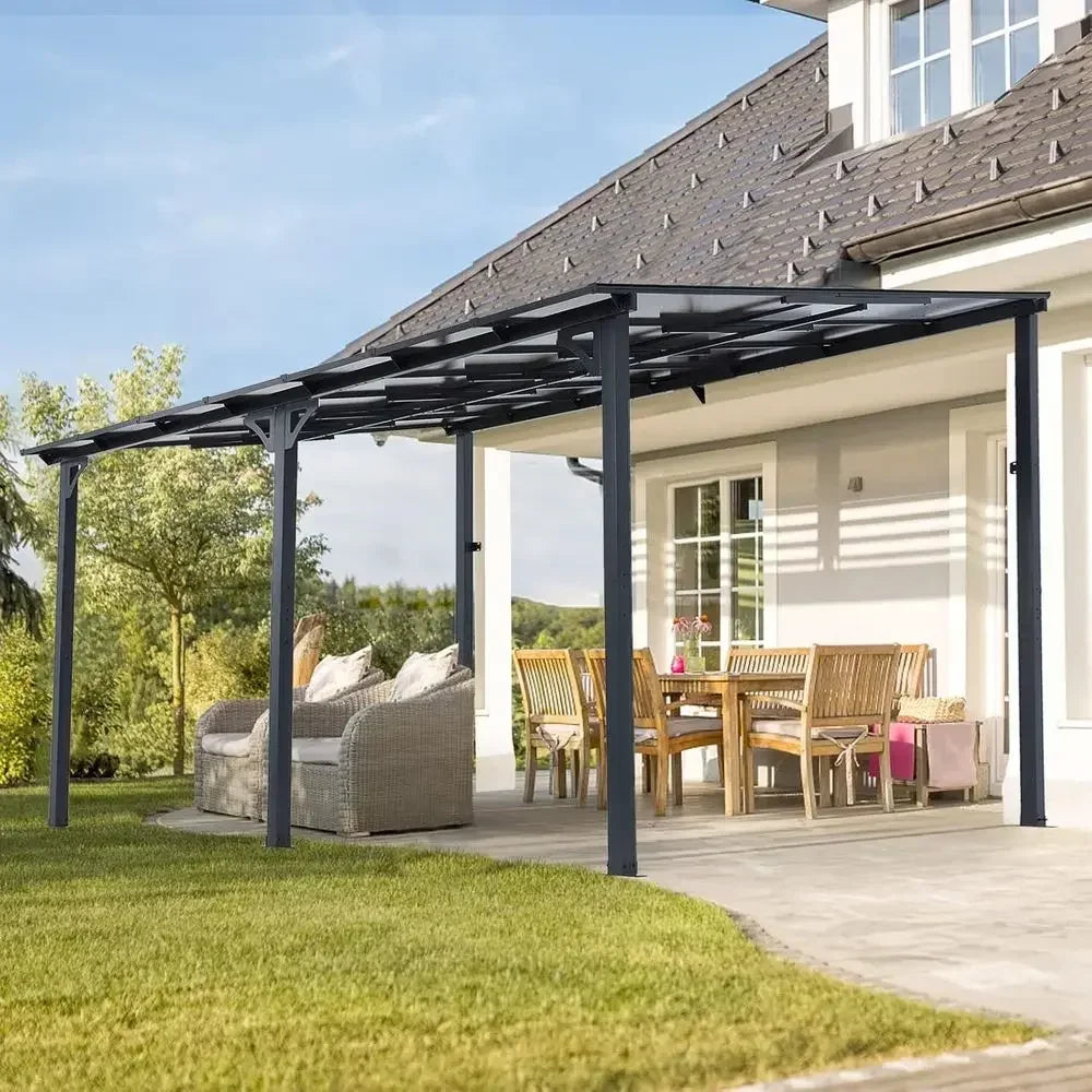 14x10 Outdoor Lean-to Gazebo, Wall-Mounted Pergola, Metal Awning, Large Panel Roof for Patio Use