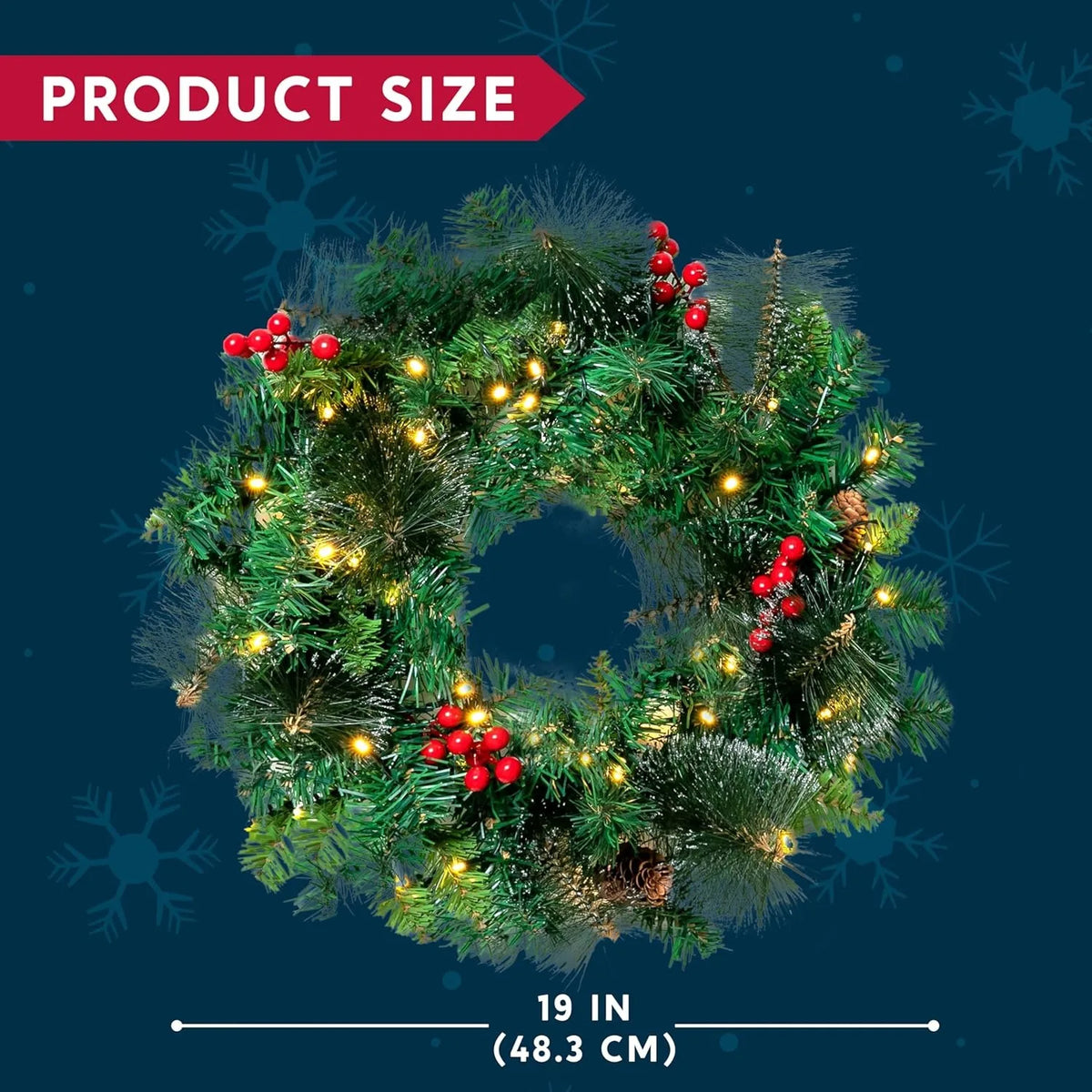 19" Christmas Pre-Lit Wreath with LED Lights with Ribbon 3 Pcs Wreaths for Front Door Windows Living Room and Indoor Outdoor Christmas Decorations Window Door Wreath Battery Operated