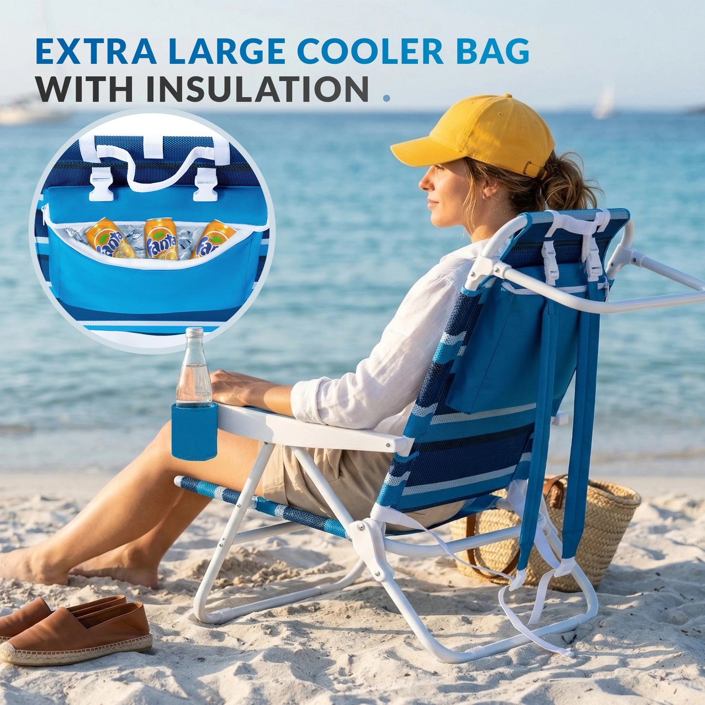 2-piece beach lounge chair folding chair, breathable Teslin fabric, outdoor camping, weighing 350 pounds, adjustable backrest, shoulder strap design for easy travel, headrest, side pockets, cup holder, insulation bag