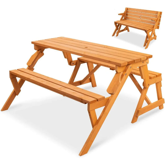 2-in-1 Outdoor Wooden Picnic Table and Bench with Umbrella Hole - Ideal for Backyard, Porch, Patio, Deck