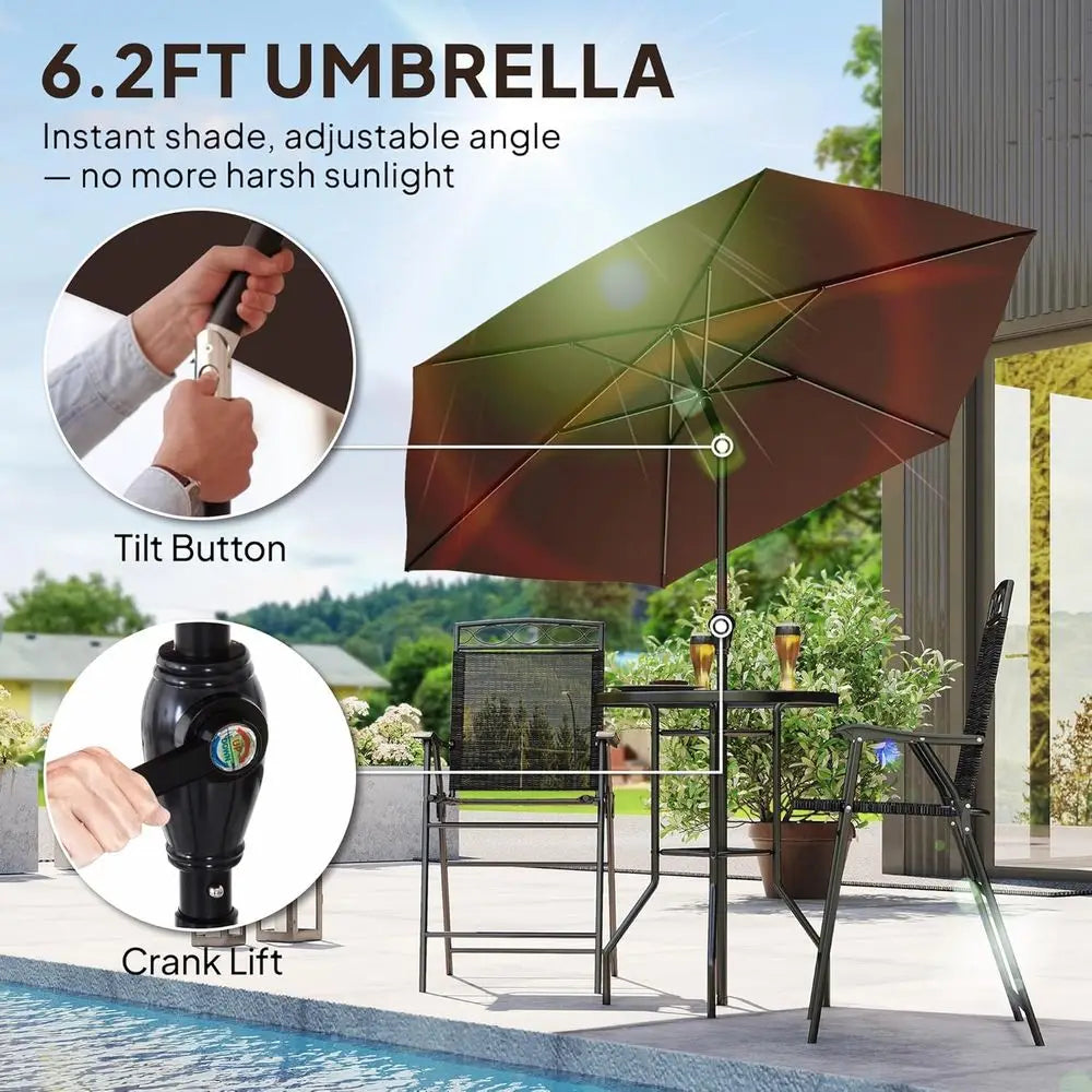 Outdoor Patio Dining Set With Swivel Chairs Umbrella Glass Table