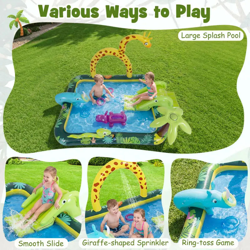 Inflatable Play Center Jungle Animal Spray Pool with Slide Giraffe-shaped Sprinkle