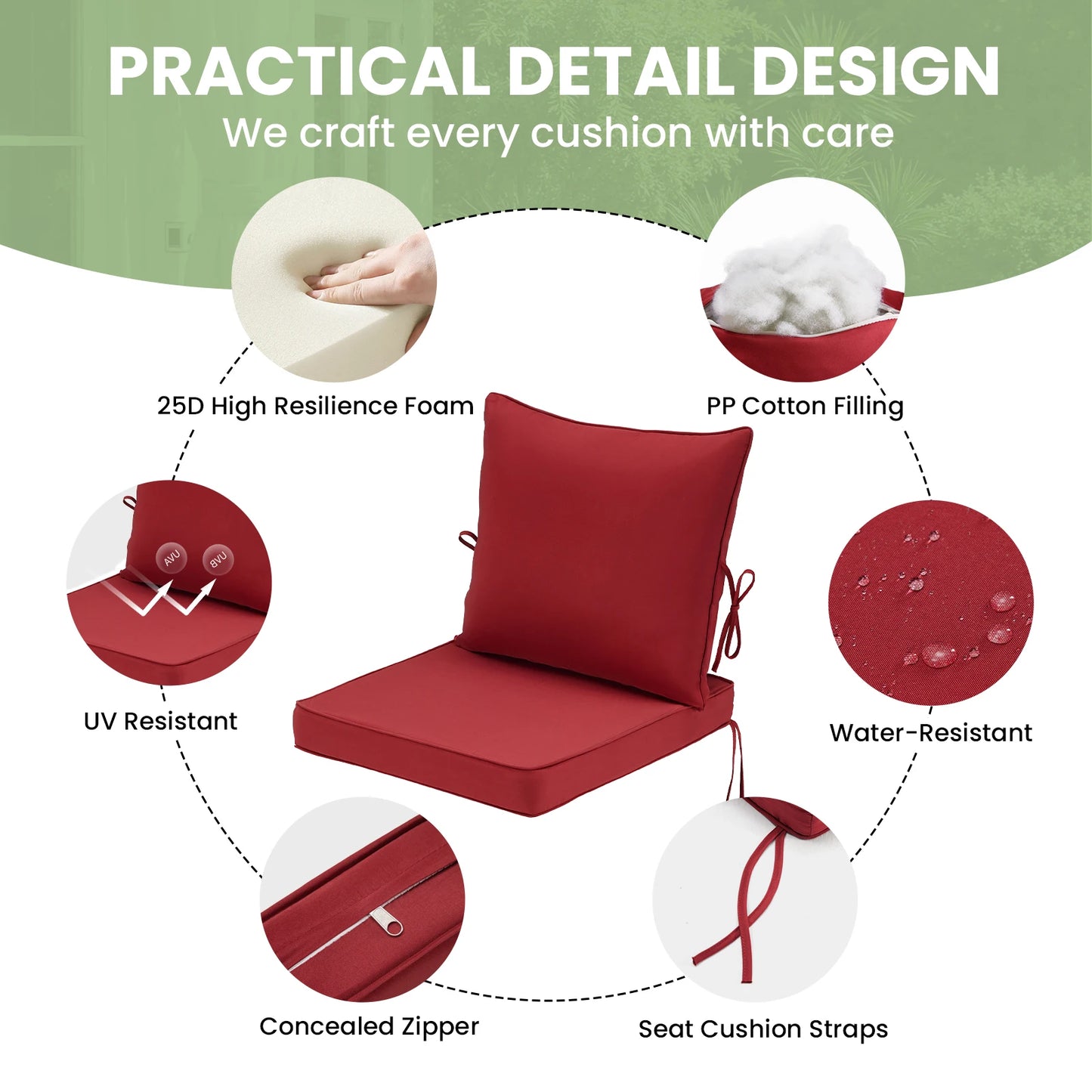 FARINI Outdoor Chair Cushions Set Of 2 With Removable Covers For Patio Furniture