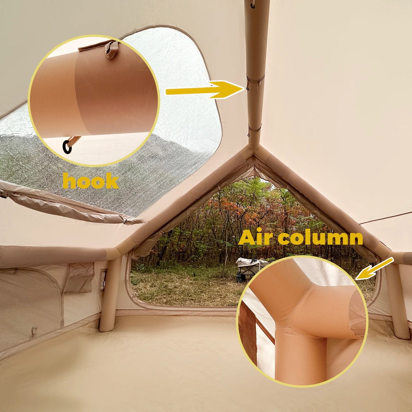 PAKICETUS Premium Inflatable Glamping Tent 4-6 Person, Four Season All-Weather Shelter With Quick Airflow Breathable Mesh Windows, Manual Hand Pump Included, Easy Setup Heavy Wind Resistant Large Family Air Tent House