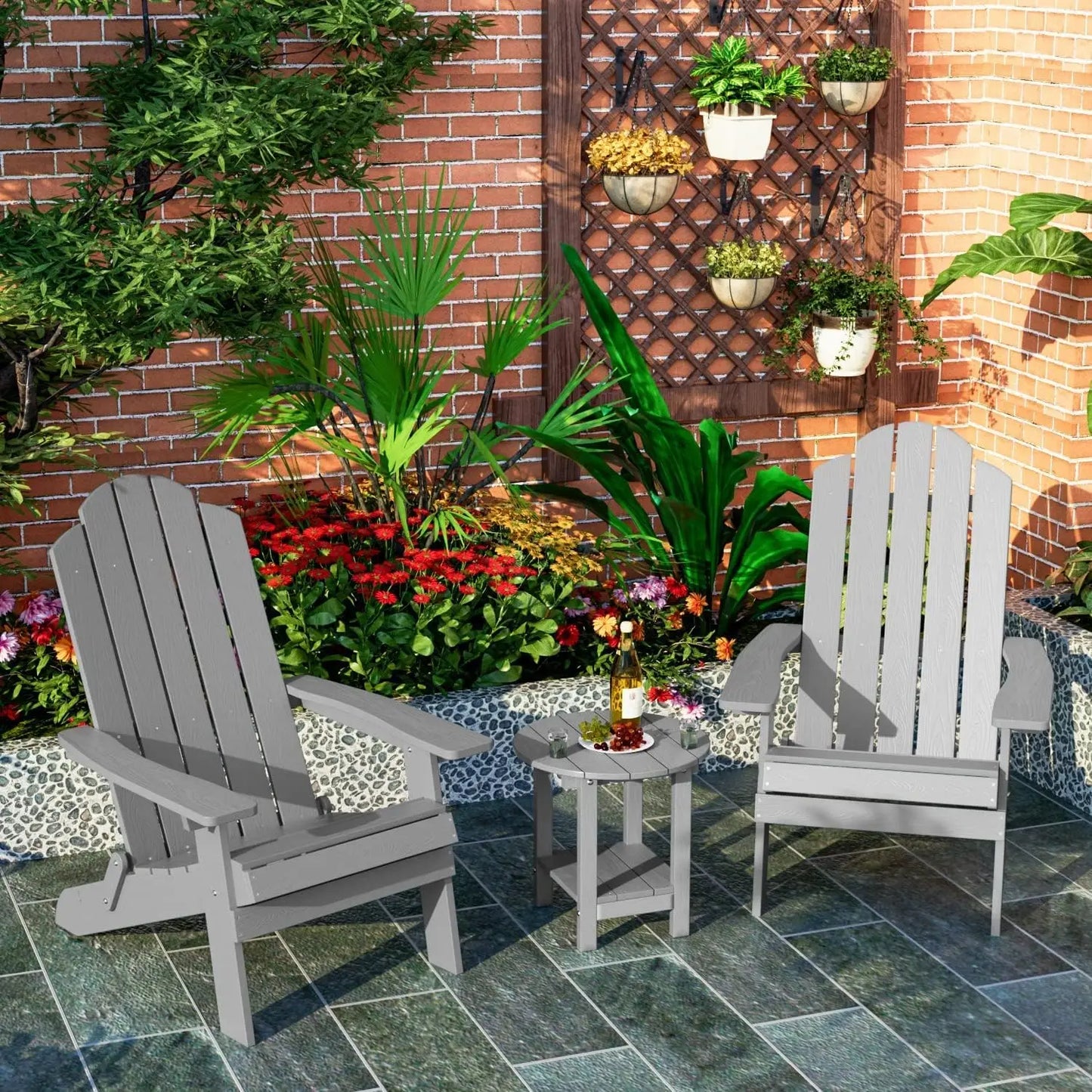 Round Outdoor Side Table Adirondack Table Two Pack Chairside End Tables With Storage Shelf Two Tier Plastic Patio Side Table Weather Resistant For Balcony Backyard Lawn Grey