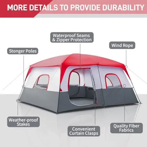 14-Person 2-Room Cabin Tent With Divider Waterproof Windproof Camping Shelter Red White