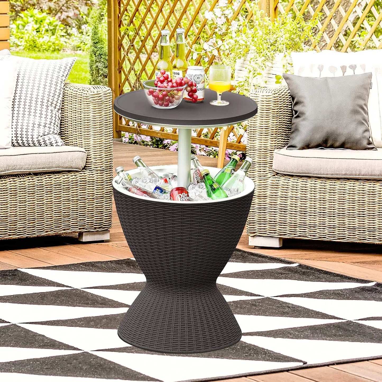 Outdoor Cooler Bar Table Multi Functional Adjustable Height Ice Bucket Side Table With Drain Plug 8 Gallon Patio Beverage Container Mimic Rattan Furniture For Pool Parties Backyard Picnic