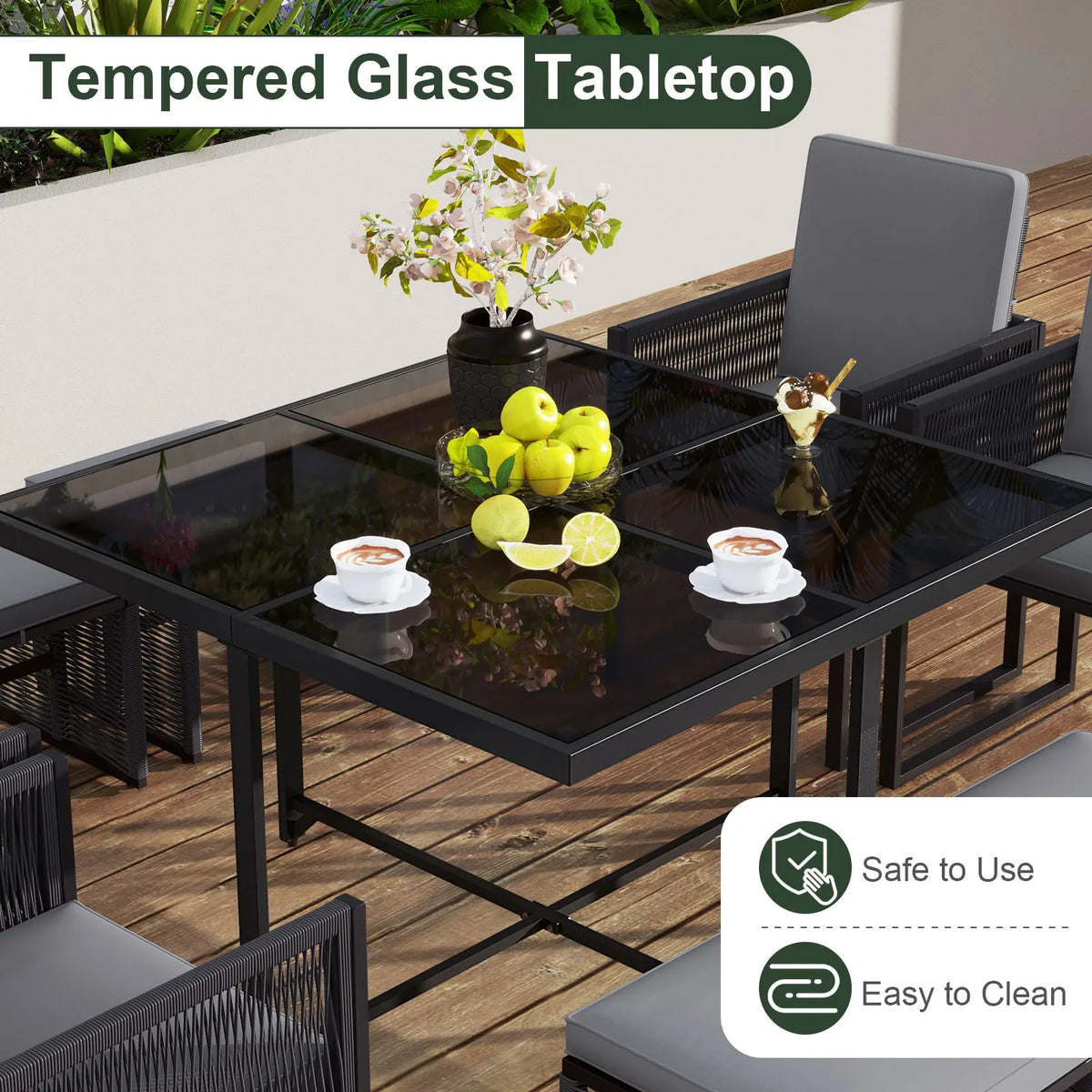 LIFEZEAL 9 Piece Patio Dining Set With Tempered Glass Tabletop
