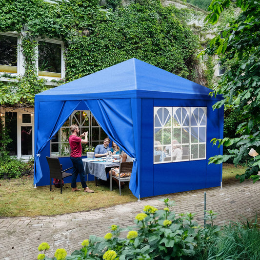 10'x10' Blue Waterproof Canopy Tent Outdoor Gazebo with 4 Removable Window Sidewalls Heavy Duty PE Patio Party Tent for Wedding BBQ Catering