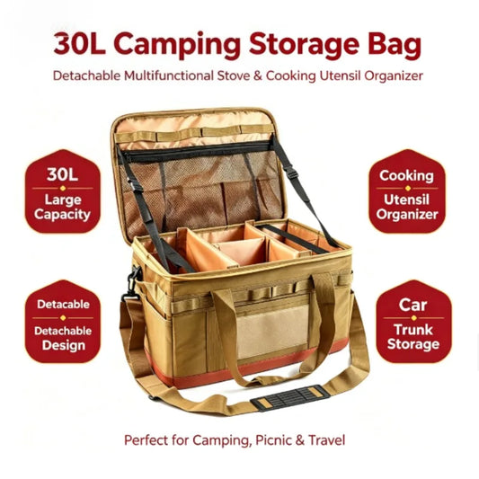 30L Camping Cooking Utensil Organizer Large Capacity Car Trunk Storage Bag Detachable Multifunctional Camping Stove Storage Case