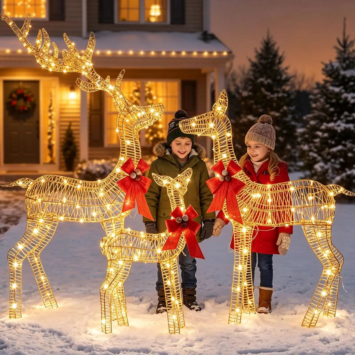 3 Piece Lighted Christmas Deer Family Outdoor, Gold Glitter Reindeer Yard Decor, 360 Warm White LED Lights, Buck Doe Fawn Set