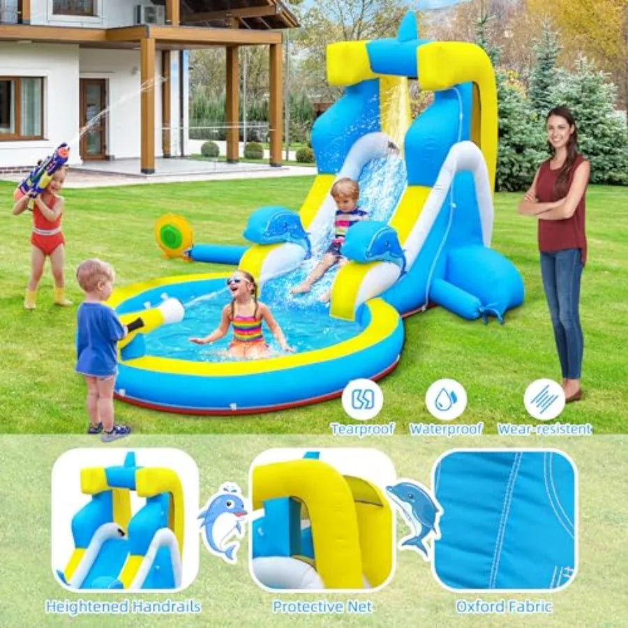 Iatable Water Slide: 4 in 1 Bounce House Water Park Dolphin Style for - Climbing Wall Splash Pool Water Cannon - 370W Blower -