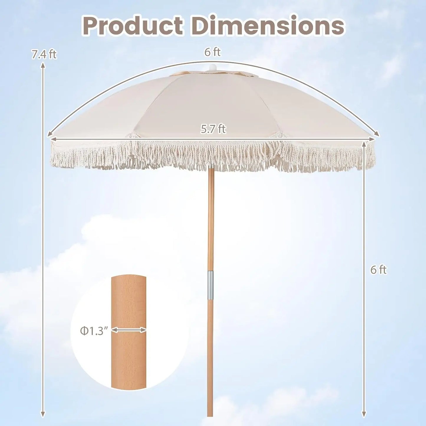 6 FT Patio Umbrella With Fringe, Tassel Outdoor Table Umbrella, Push Button Tilt System, Sturdy Wood Pole, UV Protection Canopy, Boho Backyard Garden Beach Pool Sunshade, Off White