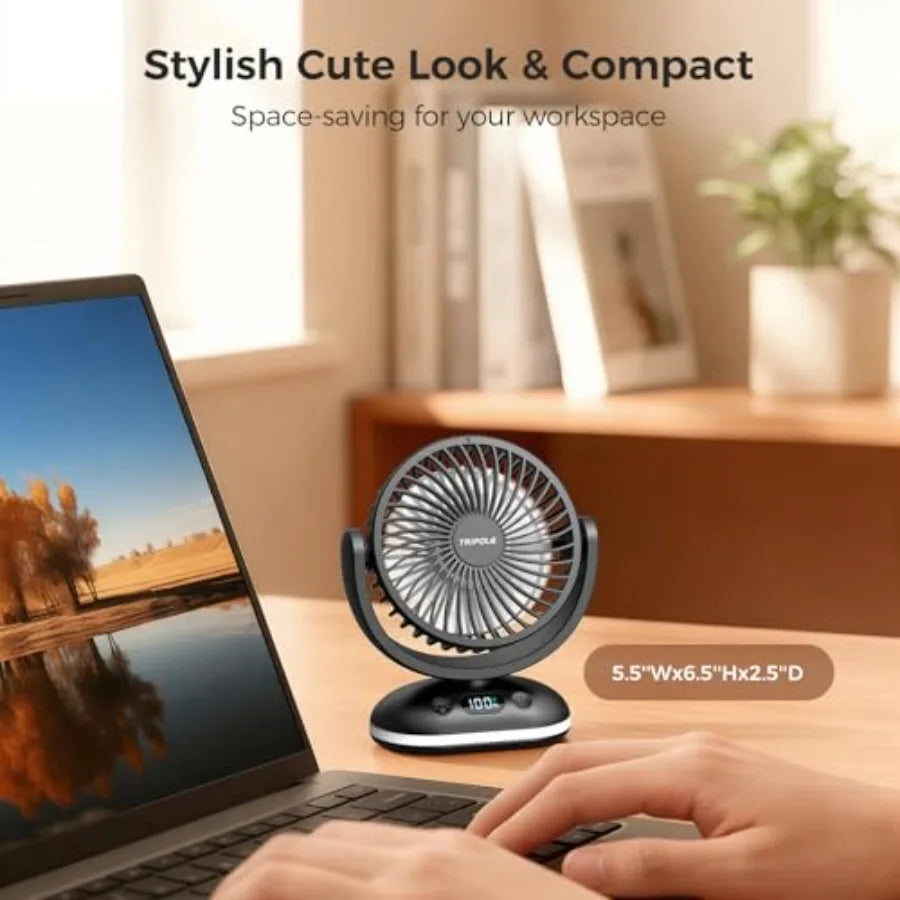 Small Desk Fan Portable Rechargeable Fan for Travel, Smart Display and LED Light, 31H Runtime, 4 Speeds Mini Battery Operated F
