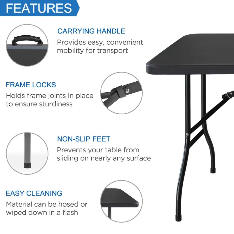 6 Foot Folding Table Fold-in-Half Plastic Table Indoor Outdoor Picnic Party Dining Camp Tables Black
