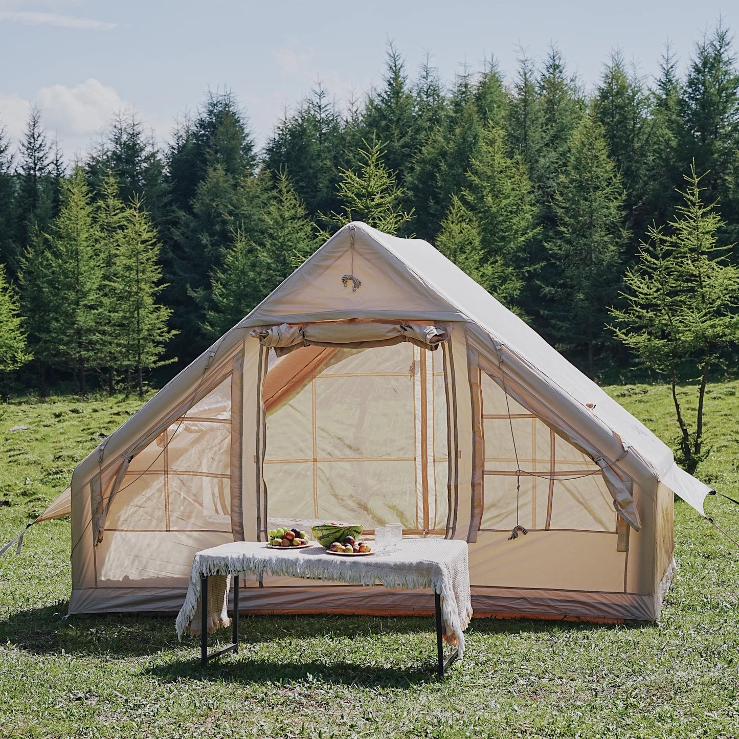 PAKICETUS Premium Inflatable Glamping Tent 4-6 Person, Four Season All-Weather Shelter With Quick Airflow Breathable Mesh Windows, Manual Hand Pump Included, Easy Setup Heavy Wind Resistant Large Family Air Tent House