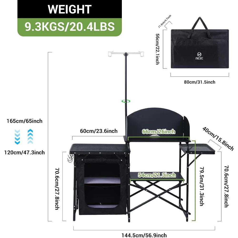 Portable Camping Kitchen Station with Light Stand & Windshield, Foldable Grill Table, Outdoor Cook Organizer, Carry Bag Included (Black)