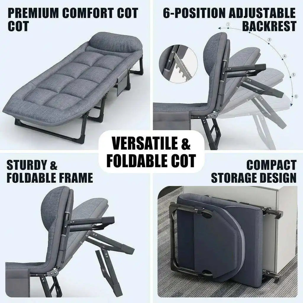 Portable Folding Bed 6-Position Adjustable Camping Cot with Soft Padded Mattress Heavy Duty Steel Frame Office Nap Recliner Single Guest Sleeping Bed Space-Saving Lounger for Outdoor Travel