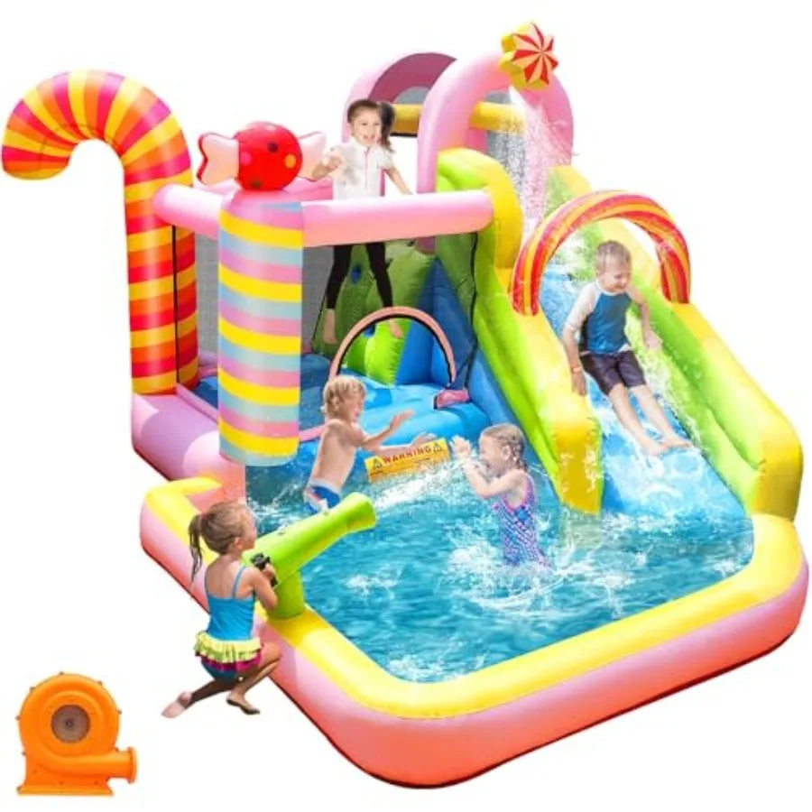 6-in-1 Iatable Water Slide Bounce House for Ages 3-10, Candy Iatable Water Park with Splash Pool, Climbing Wall, Basketball Hoo
