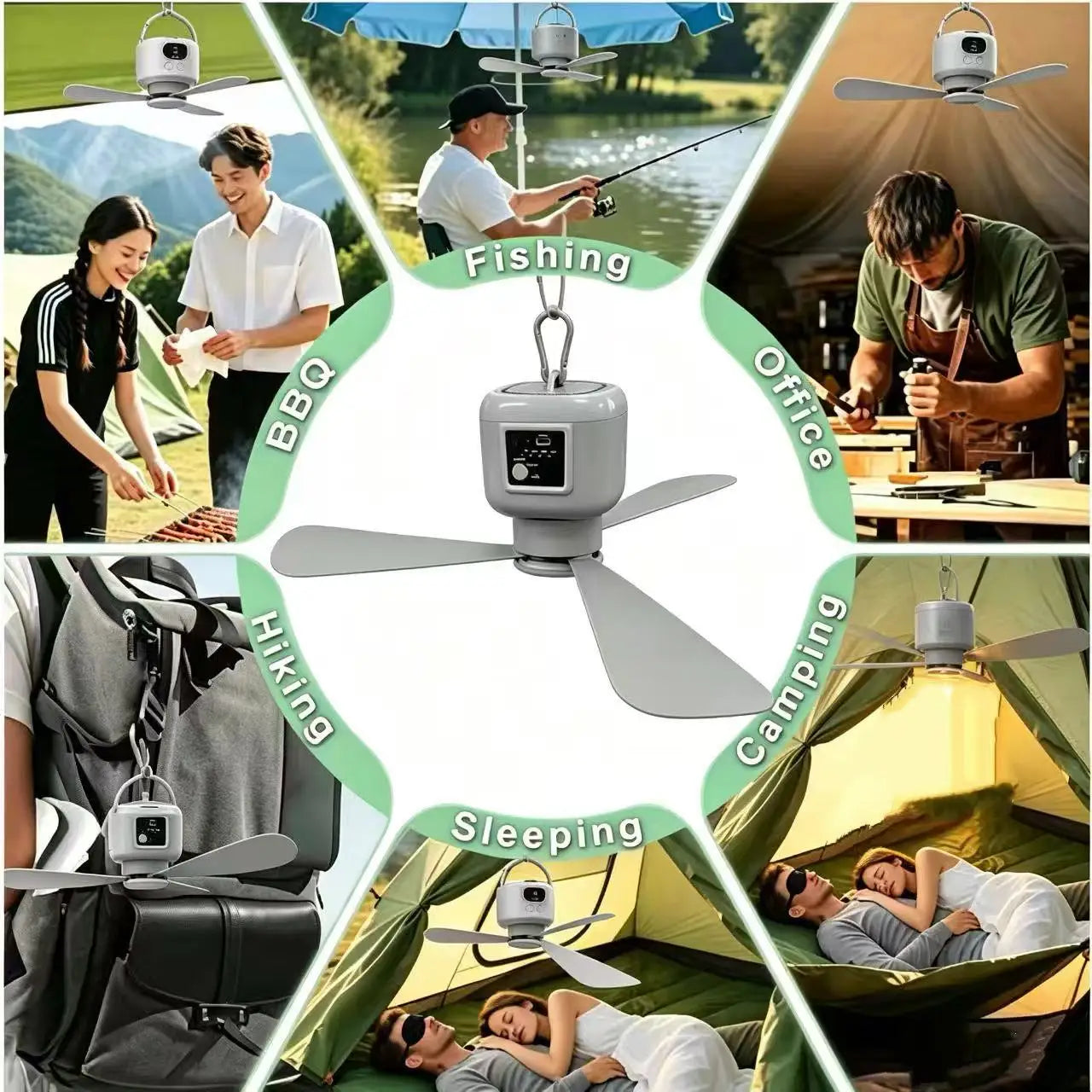 18-inch solar fan, rechargeable camping fan, outdoor emergency hanging fan, solar panel or USB charging function, 3-speed wind adjustment, suitable for indoor portable fan