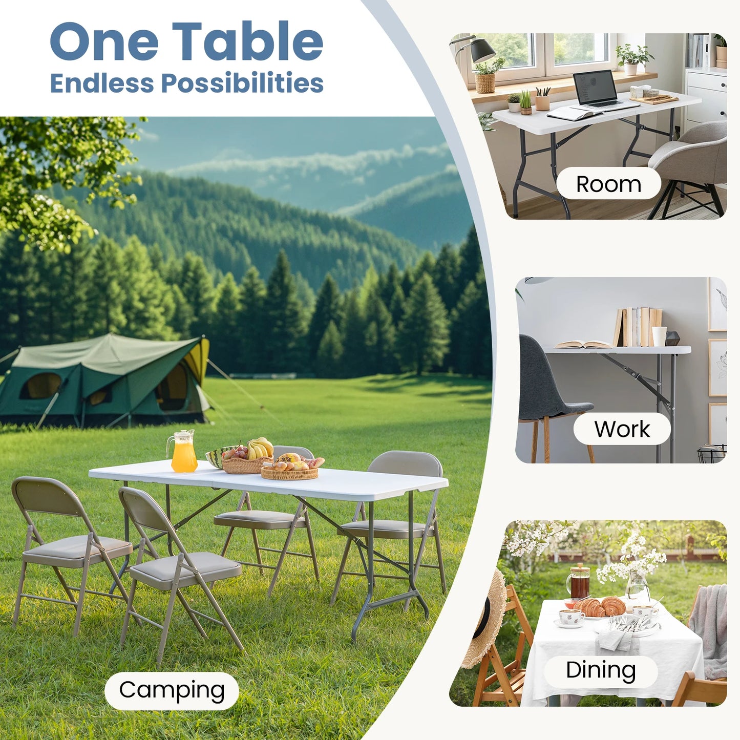 JHK 4/6/8 FT Portable Folding Outdoor Indoor Table Heavy Duty Foldable Table with Carrying Handle Safety Lock For Camping Picnic Dining