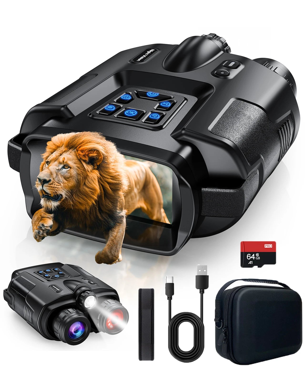 4K Night Vision Binoculars for Adults, 64GB Memory Card 3inch Screen 8X Digital Zoom With Tactical Light, 5000mAh Rechargeable Gear for Hunting & Camping, Infrared Vision Night Goggle, Gifts for Men Husband Dad
