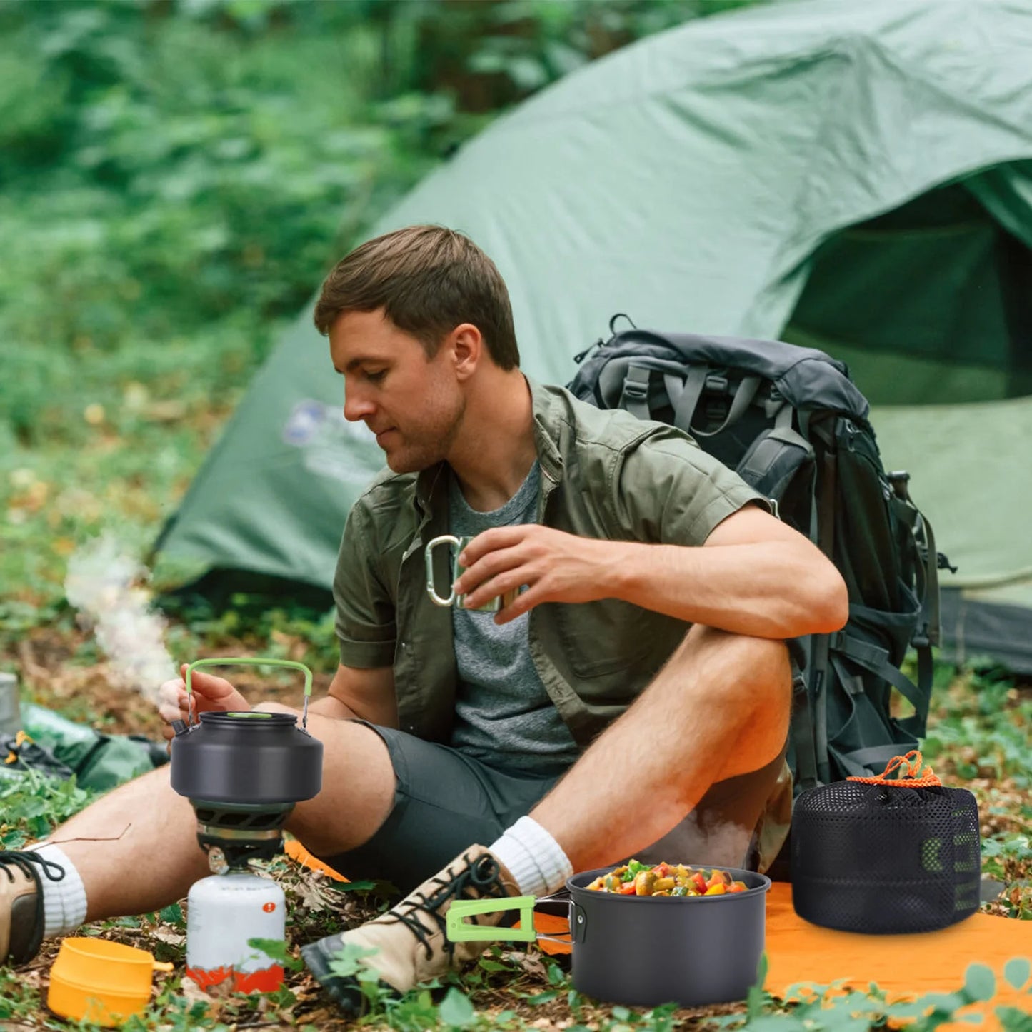 16Pcs Complete Camping Cookware Mess Kit, Lightweight Hard Anodized Aluminum Outdoor Cooking Set with Pot, Pan, Kettle, Foldable Spoon Fork Knife Soup Spoon, 3 Plastic Bowls, Wooden Spatula, Cutting Board, Cleaning Tool, Cara